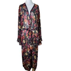 Vintage Linda B Montreal Floral Maxi Dress Sheer Sleeve Tie Waist Boho L XL
